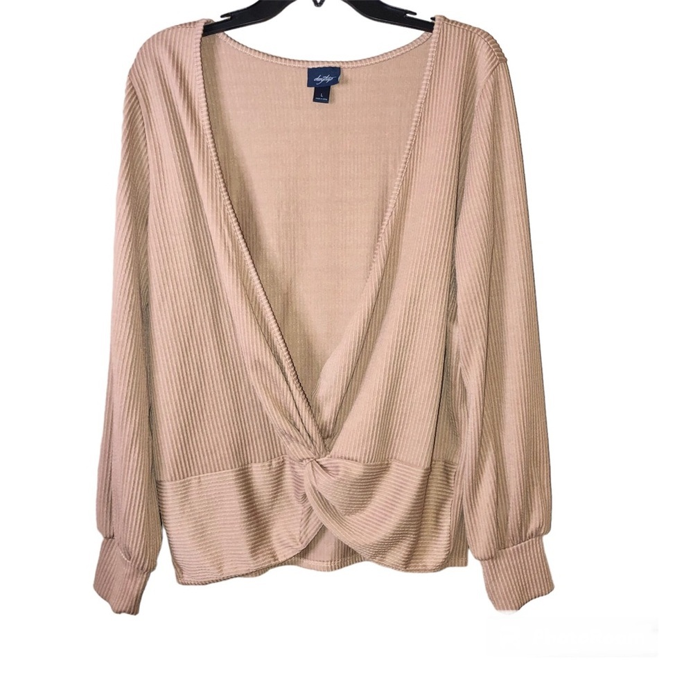 Daytrip Knot‎ Ribbed V Neck Balloon Sleeve Top brown Large